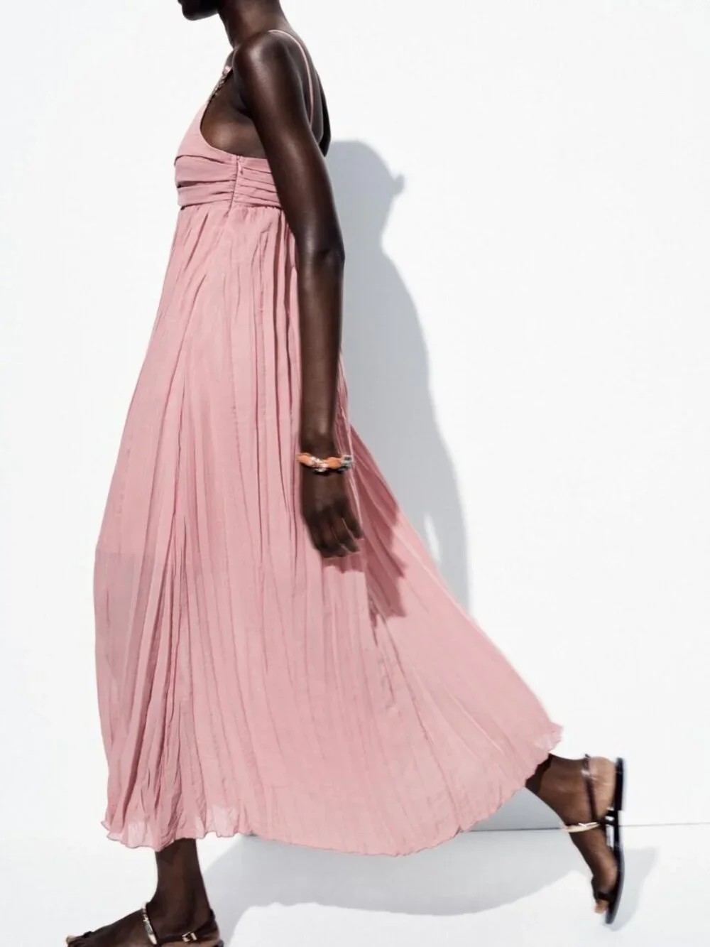 New Zara Thin Metal/Stone Straps V-Neck Pleated Fabric Marsala Midi Dress Small
